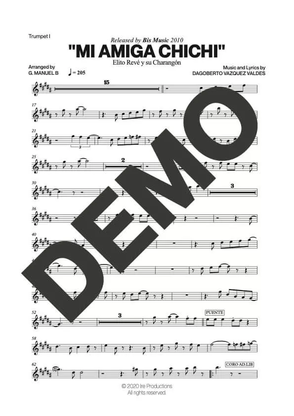 Elito Revé y Su Charangón – Mi Amiga Chichi – First Page of Sheet Music Preview (PDF) – Includes charts for Trumpets, Trombones, Saxophone, Piano and Bass