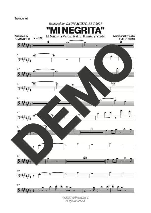 El Niño y La Verdad – Mi Negrita feat. El Kimiko y Yordy – Sheet Music Demo Page 2 (PDF) – Includes charts for Trumpets, Trombones, Saxophone, Piano and Bass