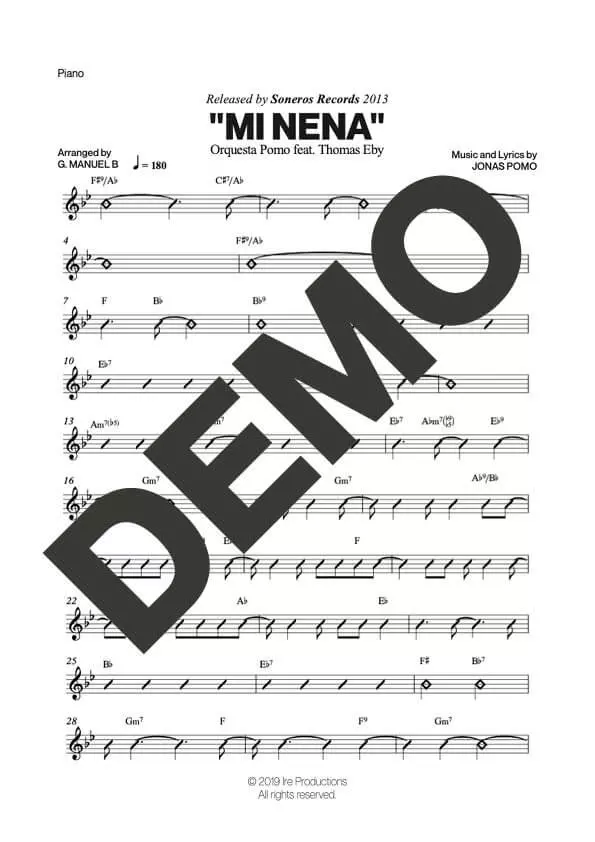 Orquesta Pomo – Mi Nena feat. Thomas Eby – Sheet Music Demo Page 3 (PDF) – Includes charts for Trumpets, Trombones, Saxophone, Piano and Bass