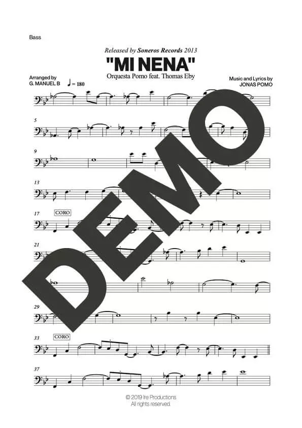 Orquesta Pomo – Mi Nena feat. Thomas Eby – Sheet Music Demo Page 4 (PDF) – Includes charts for Trumpets, Trombones, Saxophone, Piano and Bass