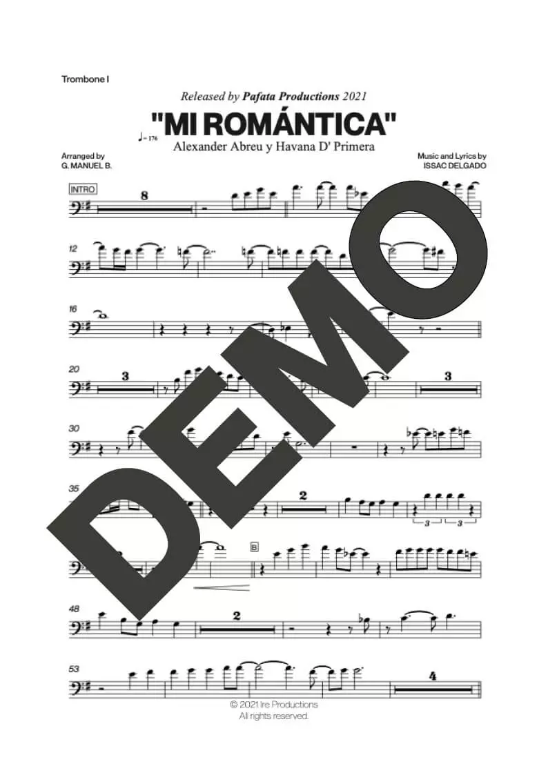 Havana D' Primera – Mi Romántica – Sheet Music Demo Page 2 (PDF) – Includes charts for Trumpets, Trombones, Saxophone, Piano and Bass