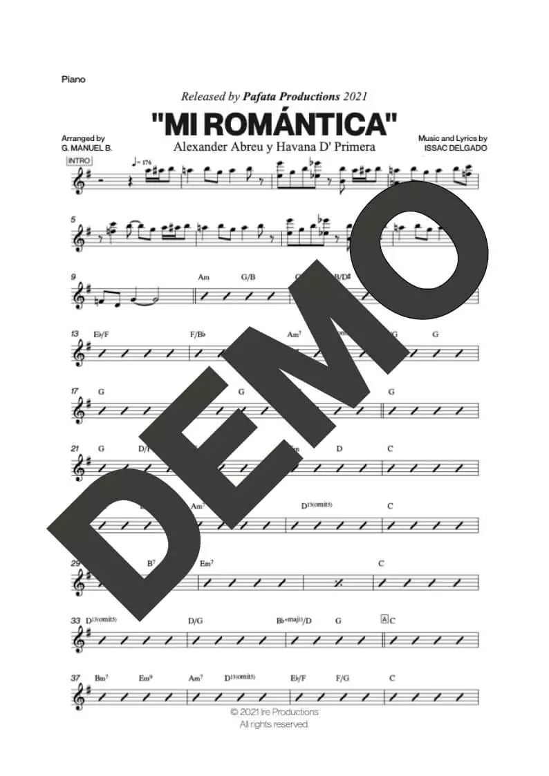 Havana D' Primera – Mi Romántica – Sheet Music Demo Page 3 (PDF) – Includes charts for Trumpets, Trombones, Saxophone, Piano and Bass