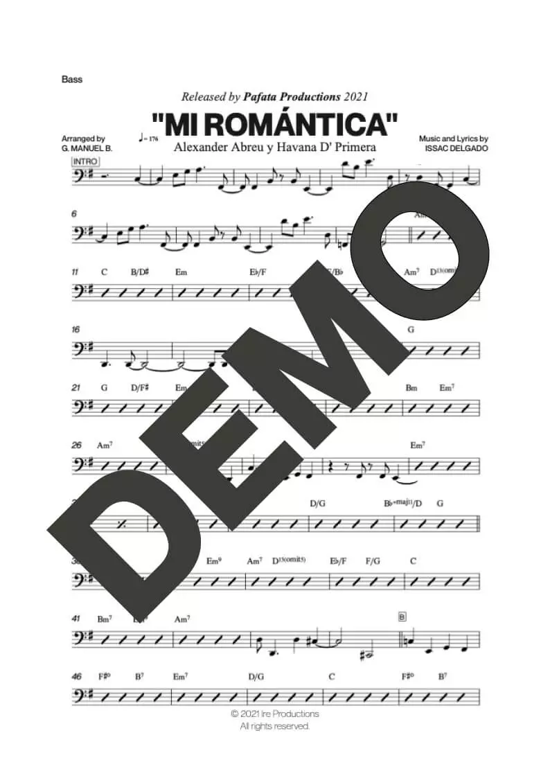 Havana D' Primera – Mi Romántica – Sheet Music Demo Page 4 (PDF) – Includes charts for Trumpets, Trombones, Saxophone, Piano and Bass