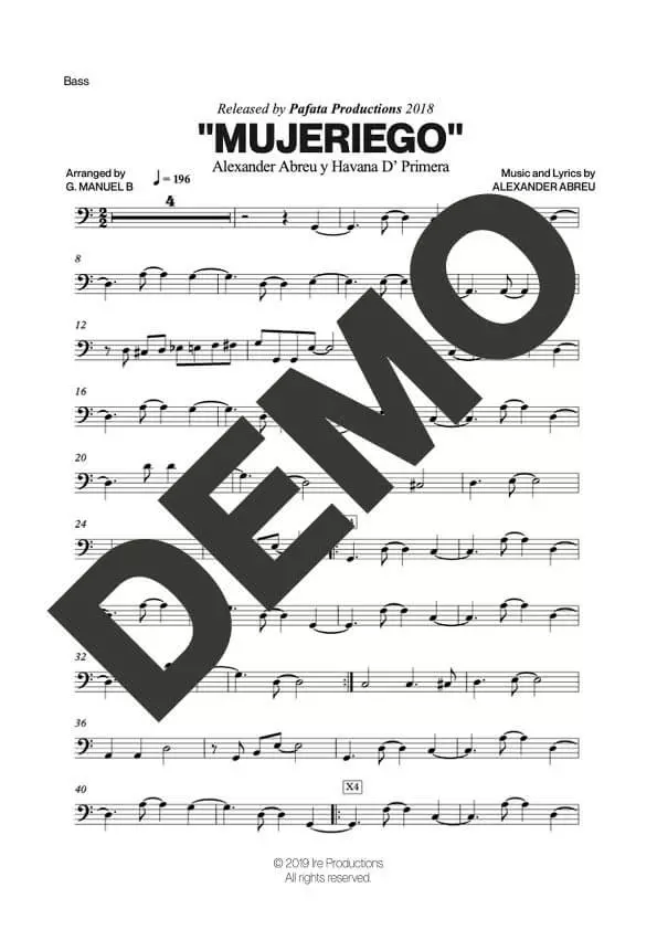 Havana D' Primera – Mujeriego – Sheet Music Demo Page 4 (PDF) – Includes charts for Trumpets, Trombones, Saxophone, Piano and Bass