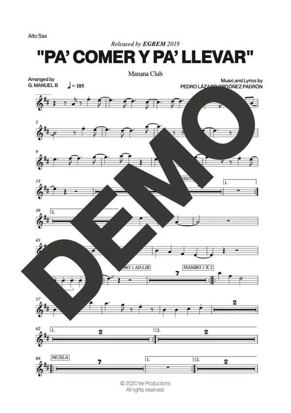 Manana Club – Pa' Comer y Pa' Llevar – First Page of Sheet Music Preview (PDF) – Includes charts for Trumpets, Trombones, Saxophone, Piano and Bass