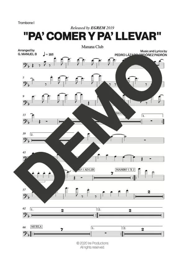 Manana Club – Pa' Comer y Pa' Llevar – Sheet Music Demo Page 2 (PDF) – Includes charts for Trumpets, Trombones, Saxophone, Piano and Bass