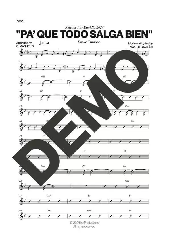 Suave Tumbao – Pa' Que Todo Salga Bien – Sheet Music Demo Page 3 (PDF) – Includes charts for Trumpets, Trombones, Saxophone, Piano and Bass