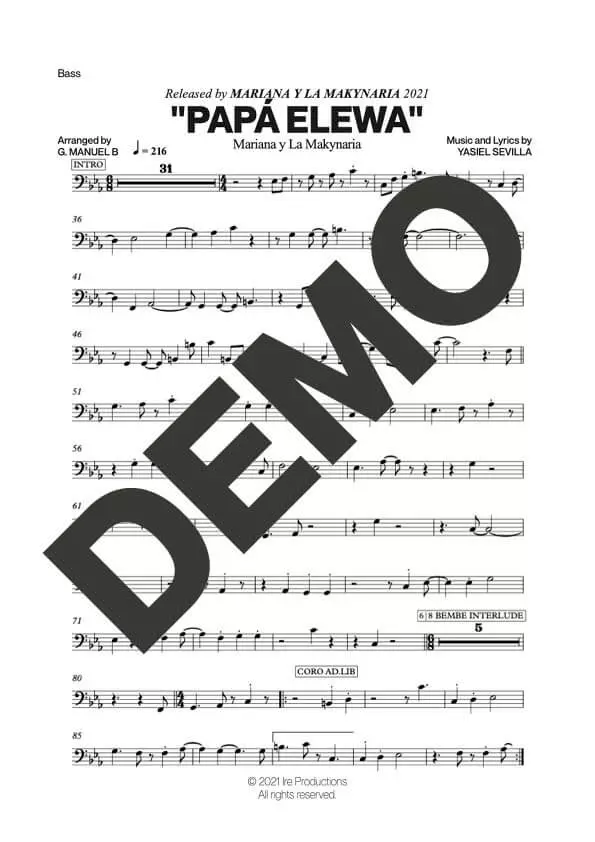 Mariana y la Makynaria – Papá Elewa – Sheet Music Demo Page 5 (PDF) – Includes charts for Trumpets, Trombones, Saxophone, Piano and Bass