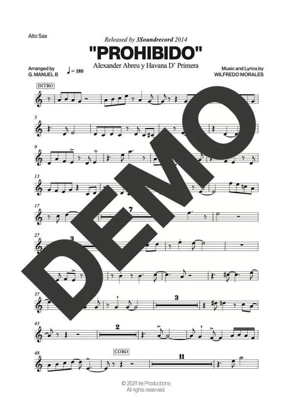 Havana D' Primera – Prohibido – First Page of Sheet Music Preview (PDF) – Includes charts for Trumpets, Trombones, Saxophone, Piano and Bass