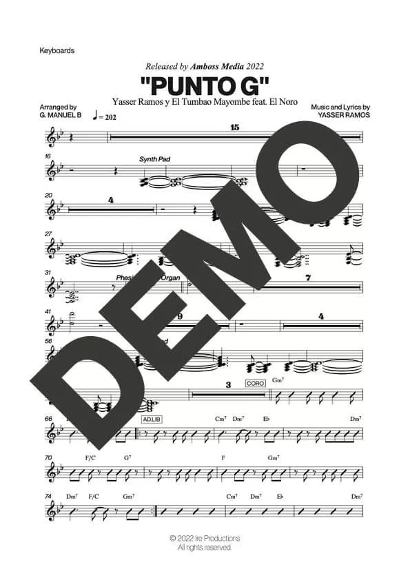 El Noro y Primera Clase|Yasser Ramos Y El Tumbao Mayombe – Punto G – Sheet Music Demo Page 4 (PDF) – Includes charts for Trumpets, Trombones, Saxophone, Piano and Bass