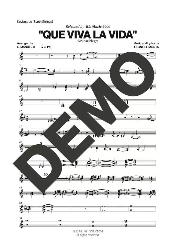Azúcar Negra – Que Viva la Vida – Sheet Music Demo Page 4 (PDF) – Includes charts for Trumpets, Trombones, Saxophone, Piano and Bass