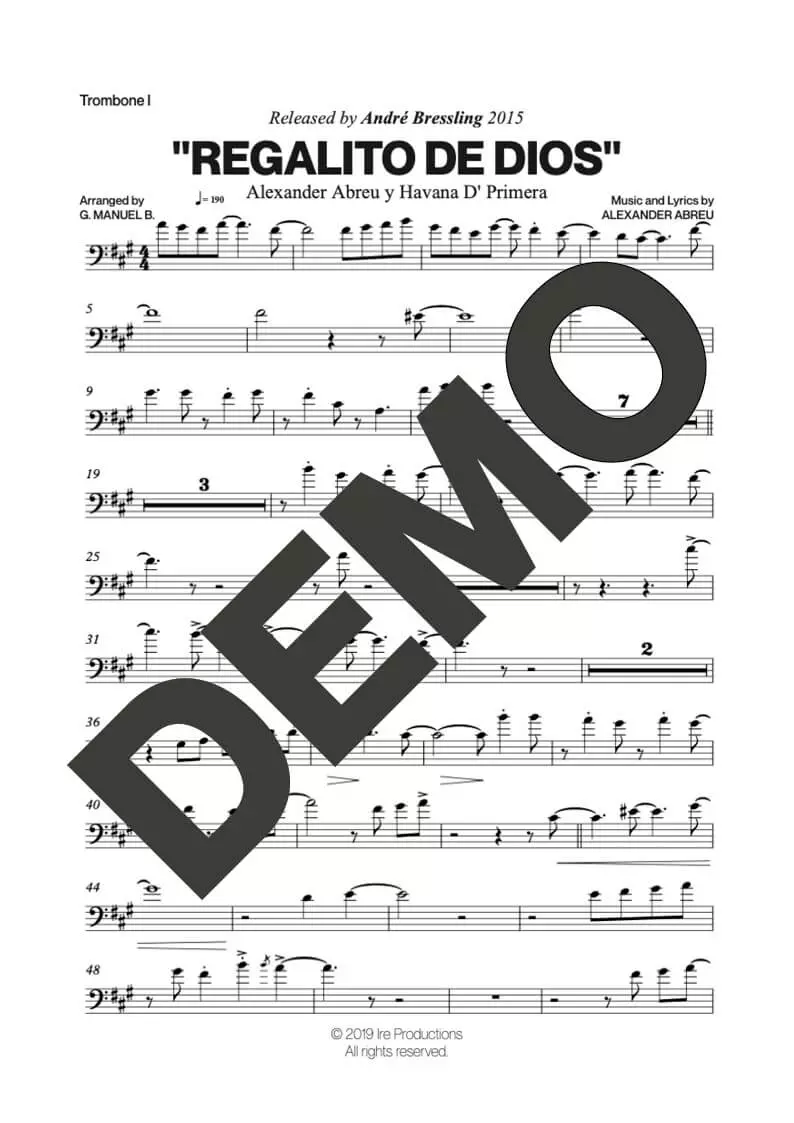 Havana D' Primera – Regalito de Dios – Sheet Music Demo Page 2 (PDF) – Includes charts for Trumpets, Trombones, Saxophone, Piano and Bass