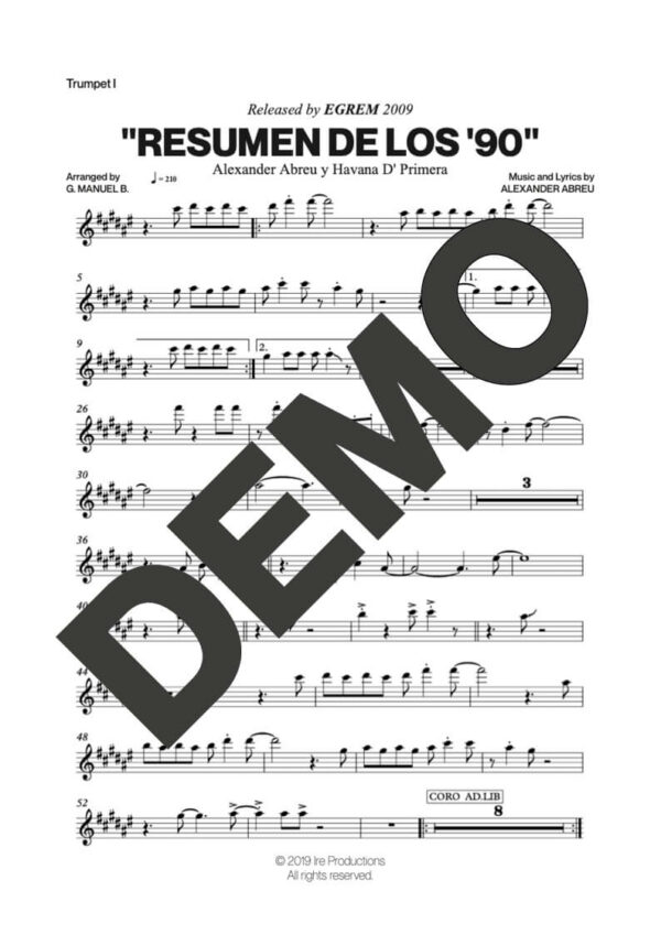 Havana D' Primera – Resumen de los '90 – Sheet Music Demo Page 1 (PDF) – Includes charts for Trumpets, Trombones, Saxophone, Piano and Bass