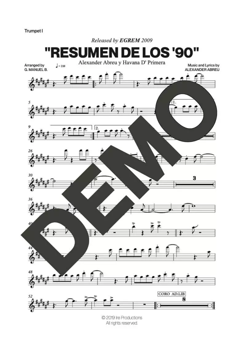 Havana D' Primera – Resumen de los '90 – Sheet Music Demo Page 1 (PDF) – Includes charts for Trumpets, Trombones, Saxophone, Piano and Bass