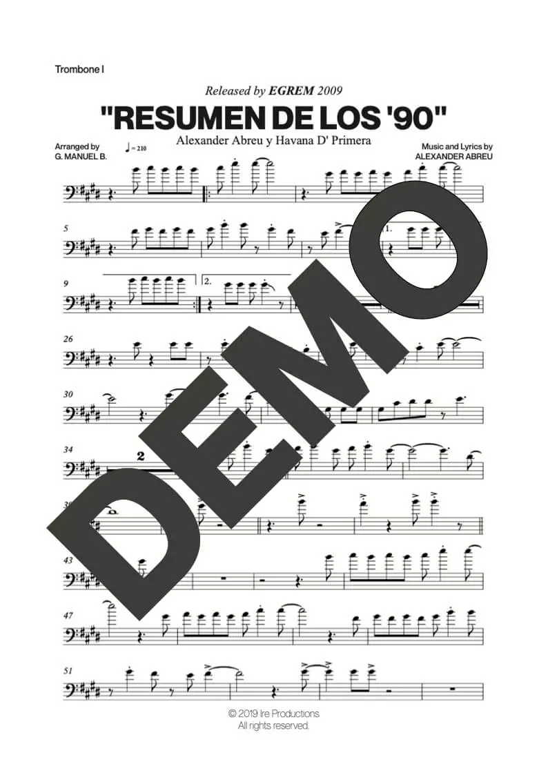 Havana D' Primera – Resumen de los '90 – Sheet Music Demo Page 2 (PDF) – Includes charts for Trumpets, Trombones, Saxophone, Piano and Bass