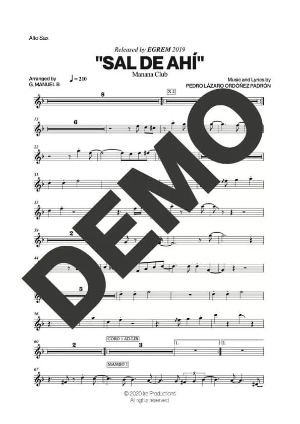 Manana Club – Sal de Ahí – First Page of Sheet Music Preview (PDF) – Includes charts for Trumpets, Trombones, Saxophone, Piano and Bass