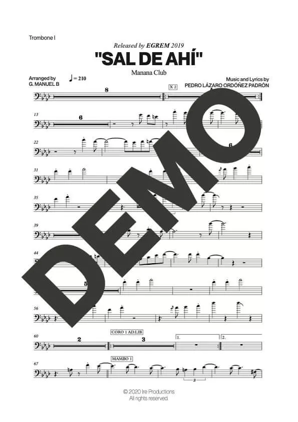 Manana Club – Sal de Ahí – Sheet Music Demo Page 2 (PDF) – Includes charts for Trumpets, Trombones, Saxophone, Piano and Bass