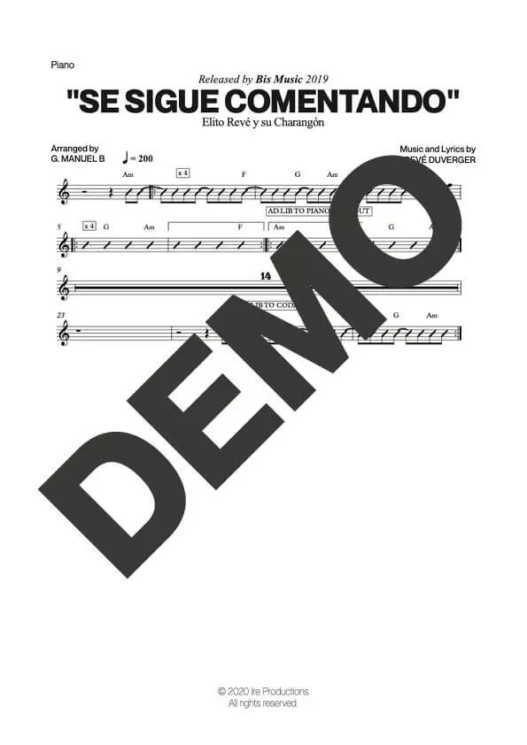 Elito Revé y Su Charangón – Se Sigue Comentando – Sheet Music Demo Page 2 (PDF) – Includes charts for Trumpets, Trombones, Saxophone, Piano and Bass