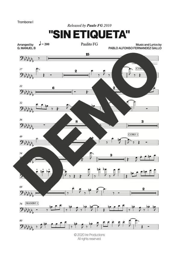 Paulo FG – Sin Etiqueta – Sheet Music Demo Page 2 (PDF) – Includes charts for Trumpets, Trombones, Saxophone, Piano and Bass