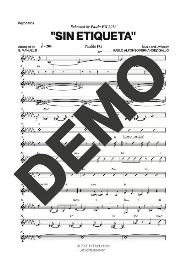 Paulo FG – Sin Etiqueta – Sheet Music Demo Page 4 (PDF) – Includes charts for Trumpets, Trombones, Saxophone, Piano and Bass