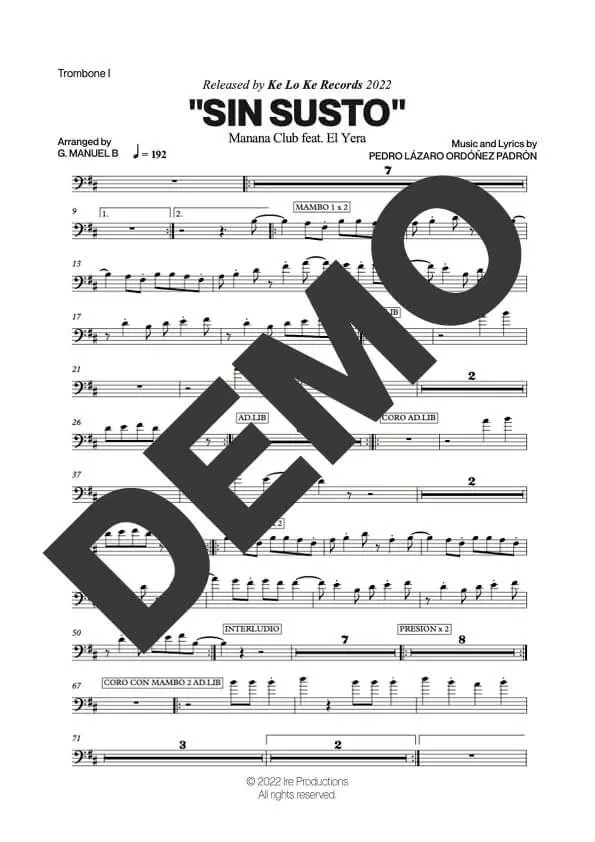 Manana Club – Sin Susto feat. El Yera – Sheet Music Demo Page 2 (PDF) – Includes charts for Trumpets, Trombones, Saxophone, Piano and Bass