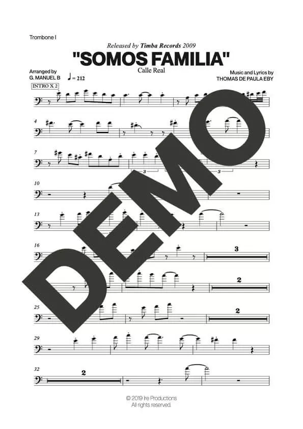 Calle Real – Somos Familia – Sheet Music Demo Page 2 (PDF) – Includes charts for Trumpets, Trombones, Saxophone, Piano and Bass