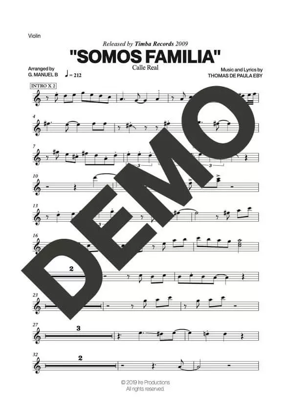 Calle Real – Somos Familia – Sheet Music Demo Page 3 (PDF) – Includes charts for Trumpets, Trombones, Saxophone, Piano and Bass