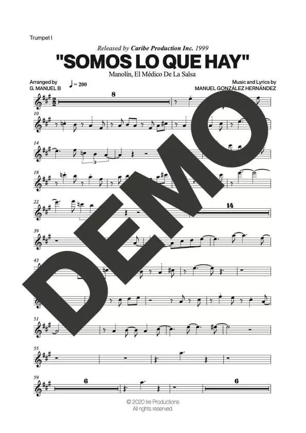 Manolín El Médico de la Salsa – Somos Lo Que Hay – Sheet Music Demo Page 1 (PDF) – Includes charts for Trumpets, Trombones, Saxophone, Piano and Bass