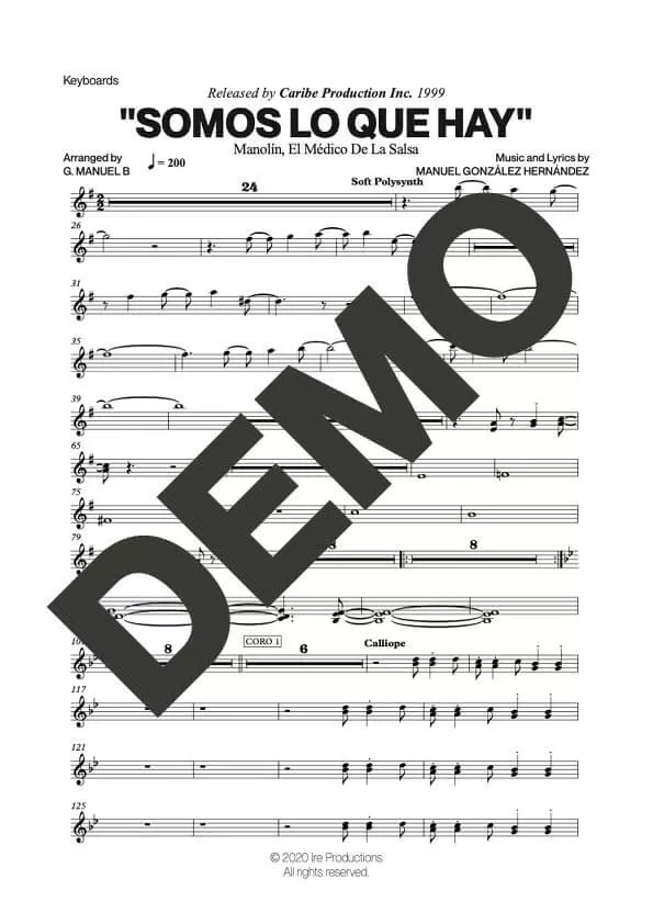 Manolín El Médico de la Salsa – Somos Lo Que Hay – Sheet Music Demo Page 4 (PDF) – Includes charts for Trumpets, Trombones, Saxophone, Piano and Bass