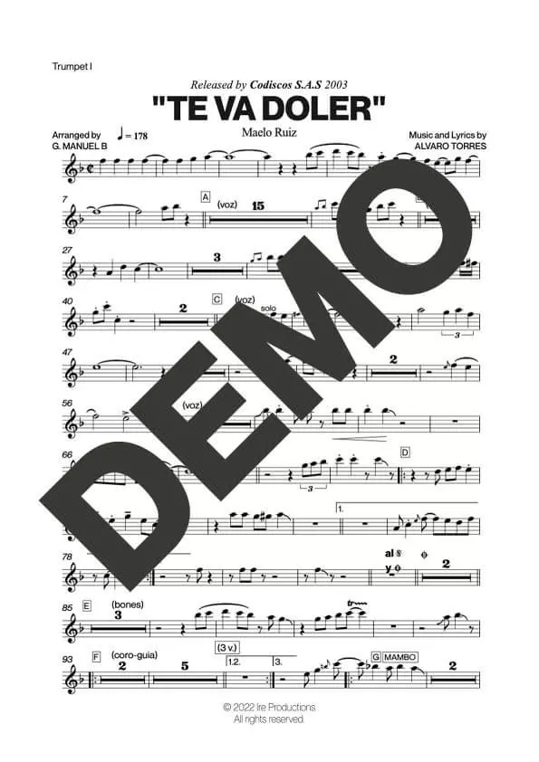 Maelo Ruiz – Te Va Doler – Sheet Music Demo Page 1 (PDF) – Includes charts for Trumpets, Trombones, Saxophone, Piano and Bass