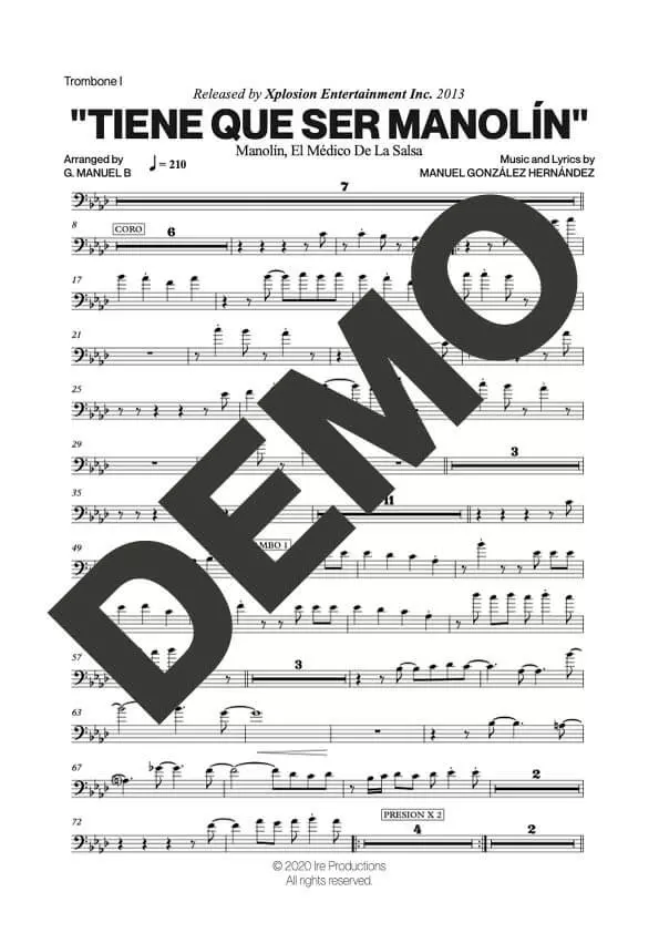 Manolín El Médico de la Salsa – Tiene Que Ser Manolín – Sheet Music Demo Page 2 (PDF) – Includes charts for Trumpets, Trombones, Saxophone, Piano and Bass