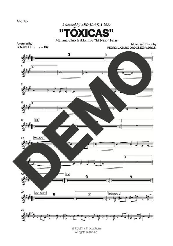 Manana Club – Tóxicas feat. Emilio "El Niño" Frias – First Page of Sheet Music Preview (PDF) – Includes charts for Trumpets, Trombones, Saxophone, Piano and Bass