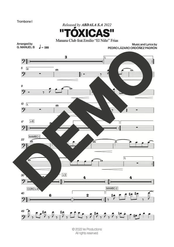 Manana Club – Tóxicas feat. Emilio "El Niño" Frias – Sheet Music Demo Page 2 (PDF) – Includes charts for Trumpets, Trombones, Saxophone, Piano and Bass