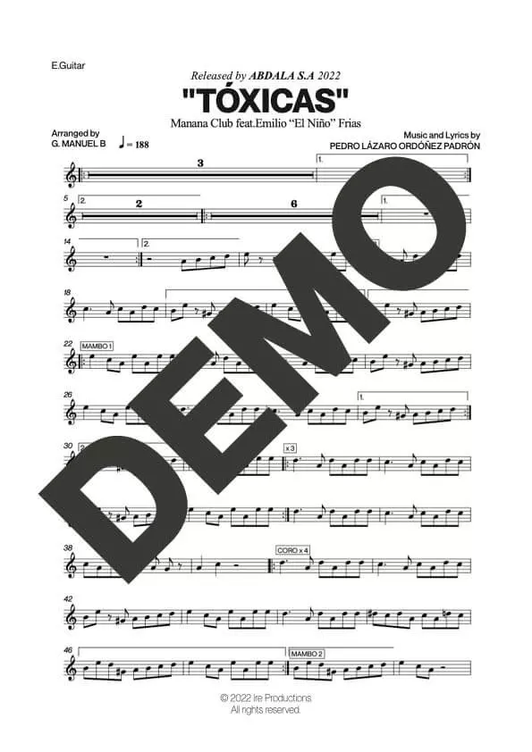 Manana Club – Tóxicas feat. Emilio "El Niño" Frias – Sheet Music Demo Page 3 (PDF) – Includes charts for Trumpets, Trombones, Saxophone, Piano and Bass