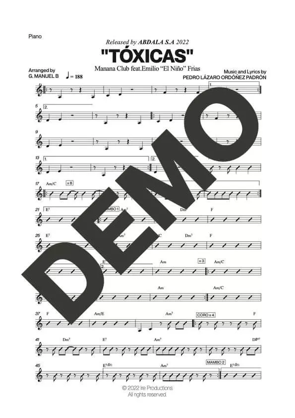 Manana Club – Tóxicas feat. Emilio "El Niño" Frias – Sheet Music Demo Page 4 (PDF) – Includes charts for Trumpets, Trombones, Saxophone, Piano and Bass