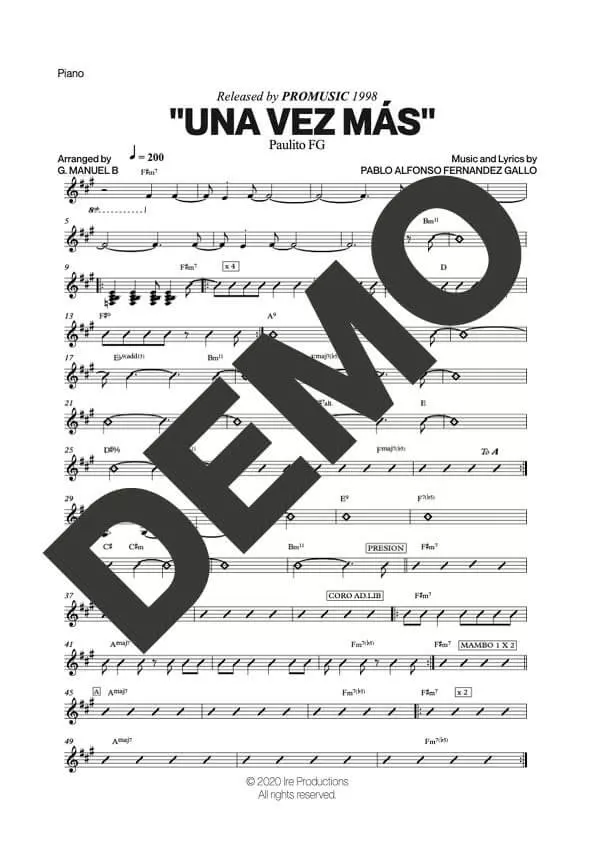 Paulo FG – Una Vez Más (La Ultima Bala) – Sheet Music Demo Page 4 (PDF) – Includes charts for Trumpets, Trombones, Saxophone, Piano and Bass