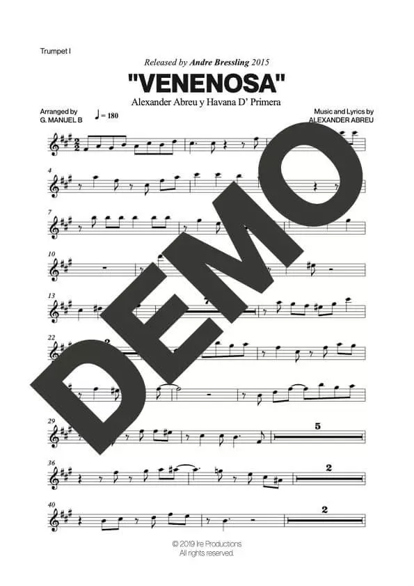 Havana D' Primera – Venenosa – Sheet Music Demo Page 1 (PDF) – Includes charts for Trumpets, Trombones, Saxophone, Piano and Bass