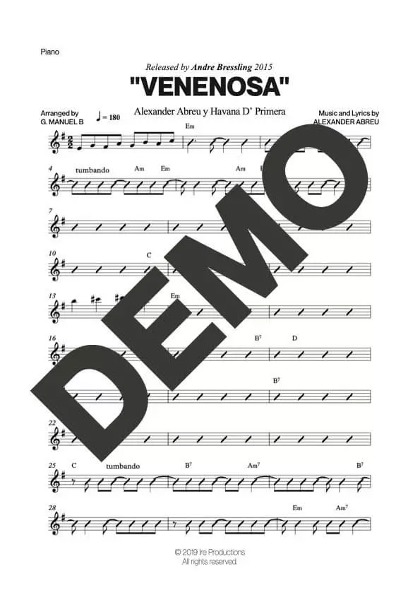 Havana D' Primera – Venenosa – Sheet Music Demo Page 4 (PDF) – Includes charts for Trumpets, Trombones, Saxophone, Piano and Bass
