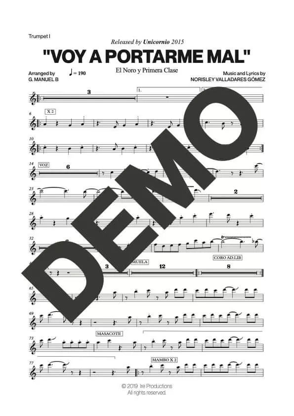 El Noro y Primera Clase – Voy a Portarme Mal – First Page of Sheet Music Preview (PDF) – Includes charts for Trumpets, Trombones, Saxophone, Piano and Bass