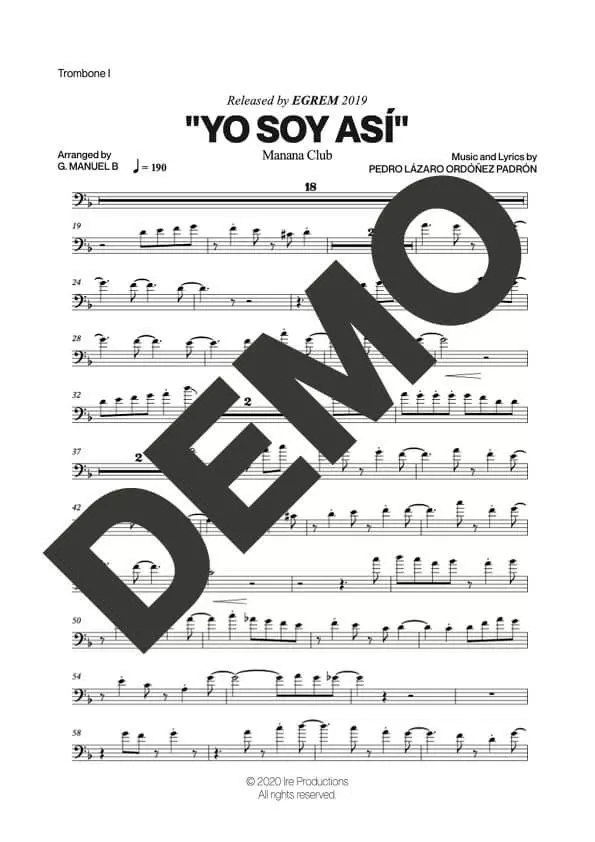 Manana Club – Yo Soy Así – Sheet Music Demo Page 2 (PDF) – Includes charts for Trumpets, Trombones, Saxophone, Piano and Bass