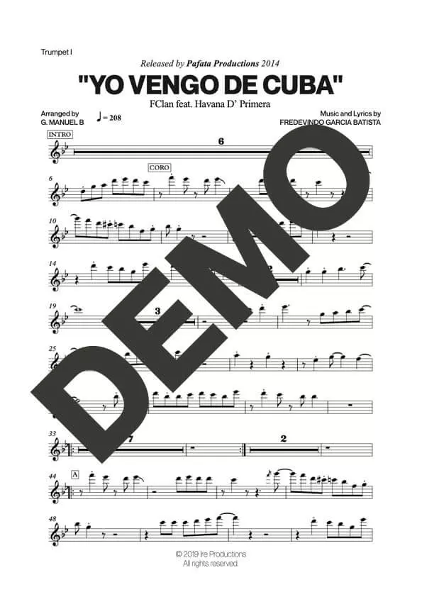 FClan|Havana D' Primera – Yo Vengo de Cuba – Sheet Music Demo Page 1 (PDF) – Includes charts for Trumpets, Trombones, Saxophone, Piano and Bass