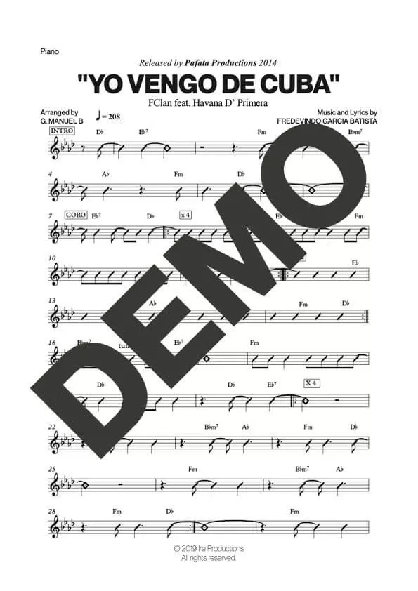 FClan|Havana D' Primera – Yo Vengo de Cuba – Sheet Music Demo Page 3 (PDF) – Includes charts for Trumpets, Trombones, Saxophone, Piano and Bass