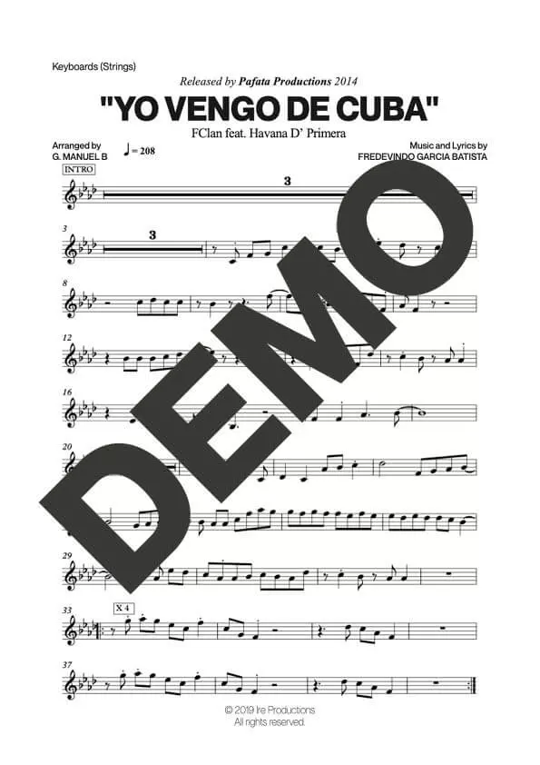 FClan|Havana D' Primera – Yo Vengo de Cuba – Sheet Music Demo Page 4 (PDF) – Includes charts for Trumpets, Trombones, Saxophone, Piano and Bass
