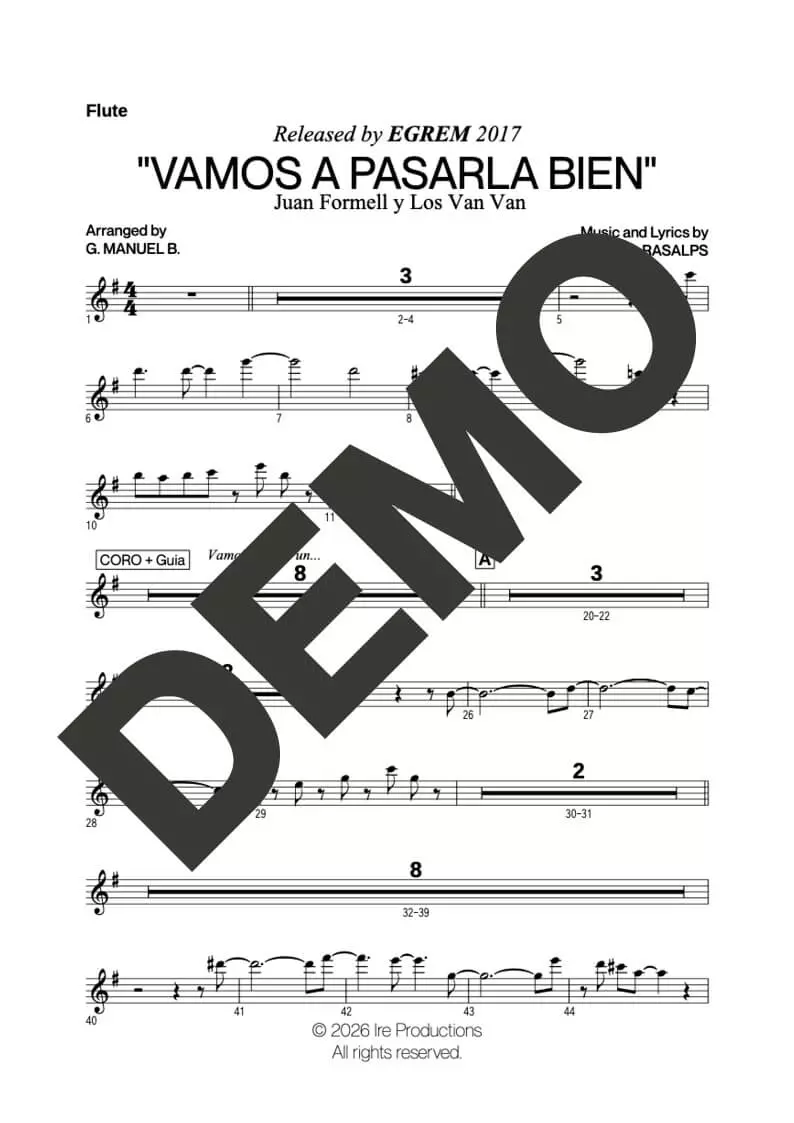 Los Van Van – Vamos a Pasarla Bien – Sheet Music Demo First Page (PDF) – Includes charts for Flute, Violin, Trombones, Piano and Bass