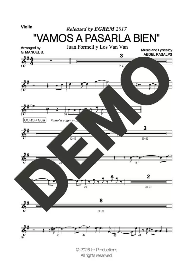 Los Van Van – Vamos a Pasarla Bien – Sheet Music Demo Page 1 – Includes charts for Flute, Violin, Trombones, Piano and Bass