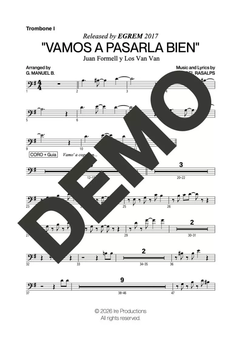 Los Van Van – Vamos a Pasarla Bien – Sheet Music Demo Page 2 – Includes charts for Flute, Violin, Trombones, Piano and Bass