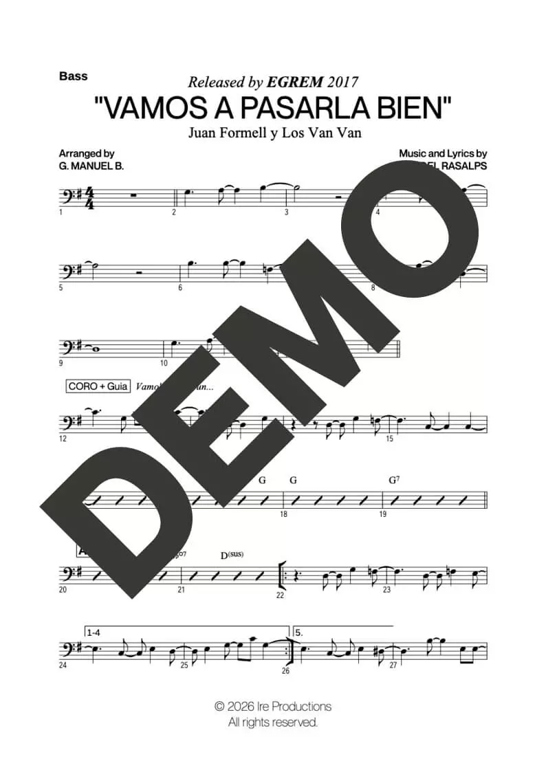 Los Van Van – Vamos a Pasarla Bien – Sheet Music Demo Page 4 – Includes charts for Flute, Violin, Trombones, Piano and Bass