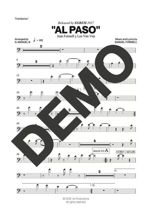 Los Van Van – Al Paso – Sheet Music Demo Page 1 (PDF) – Includes charts for Trumpets, Trombones, Saxophone, Piano and Bass
