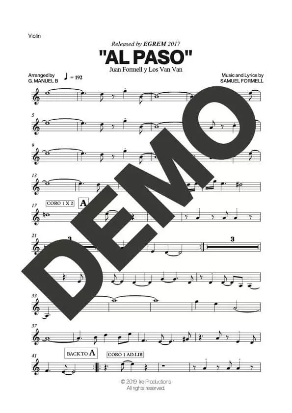 Los Van Van – Al Paso – Sheet Music Demo Page 2 (PDF) – Includes charts for Trumpets, Trombones, Saxophone, Piano and Bass
