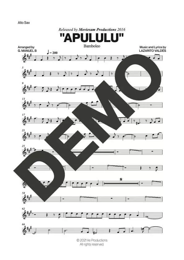 Bamboleo – Apululu – First Page of Sheet Music Preview (PDF) – Includes charts for Trumpets, Trombones, Saxophone, Piano and Bass